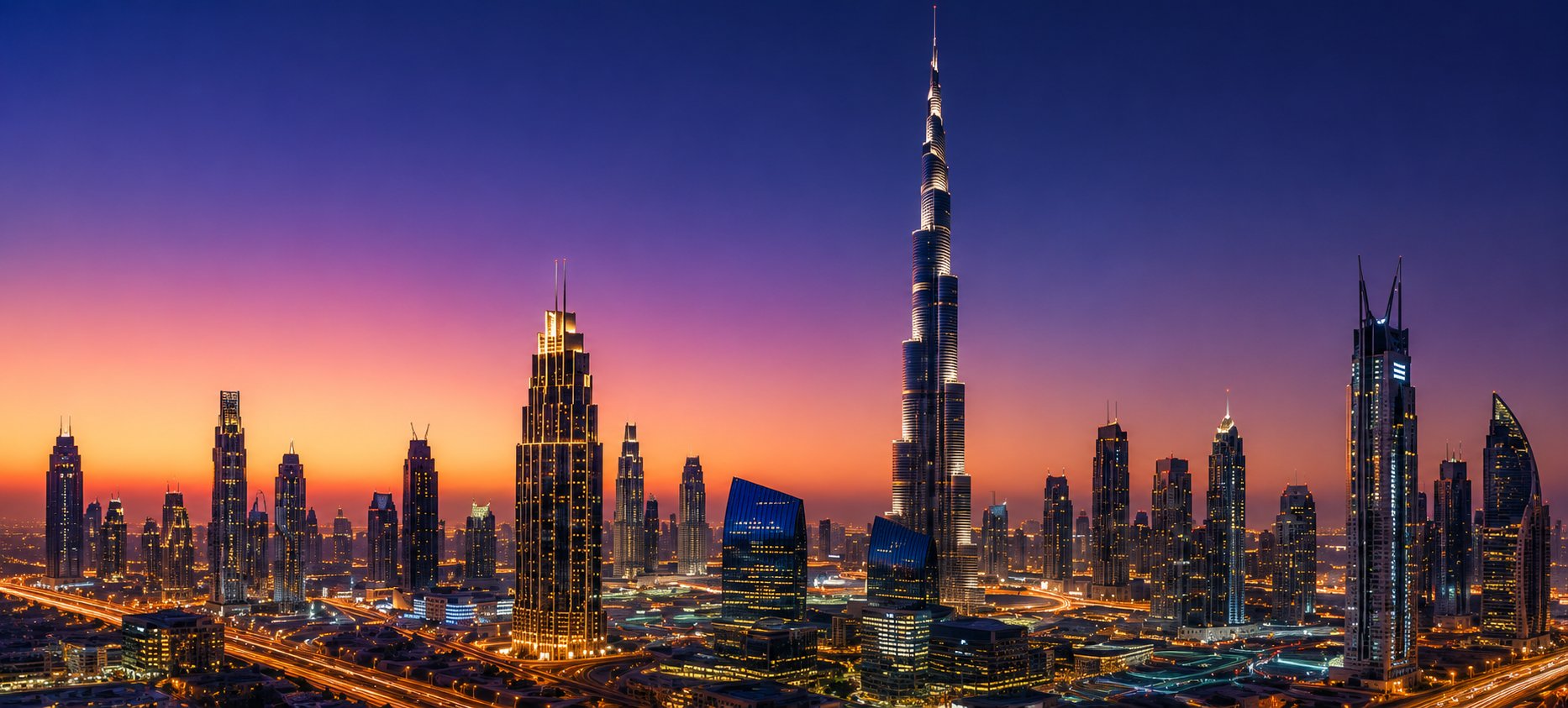 Dubai skyline at night seen across the waterfront