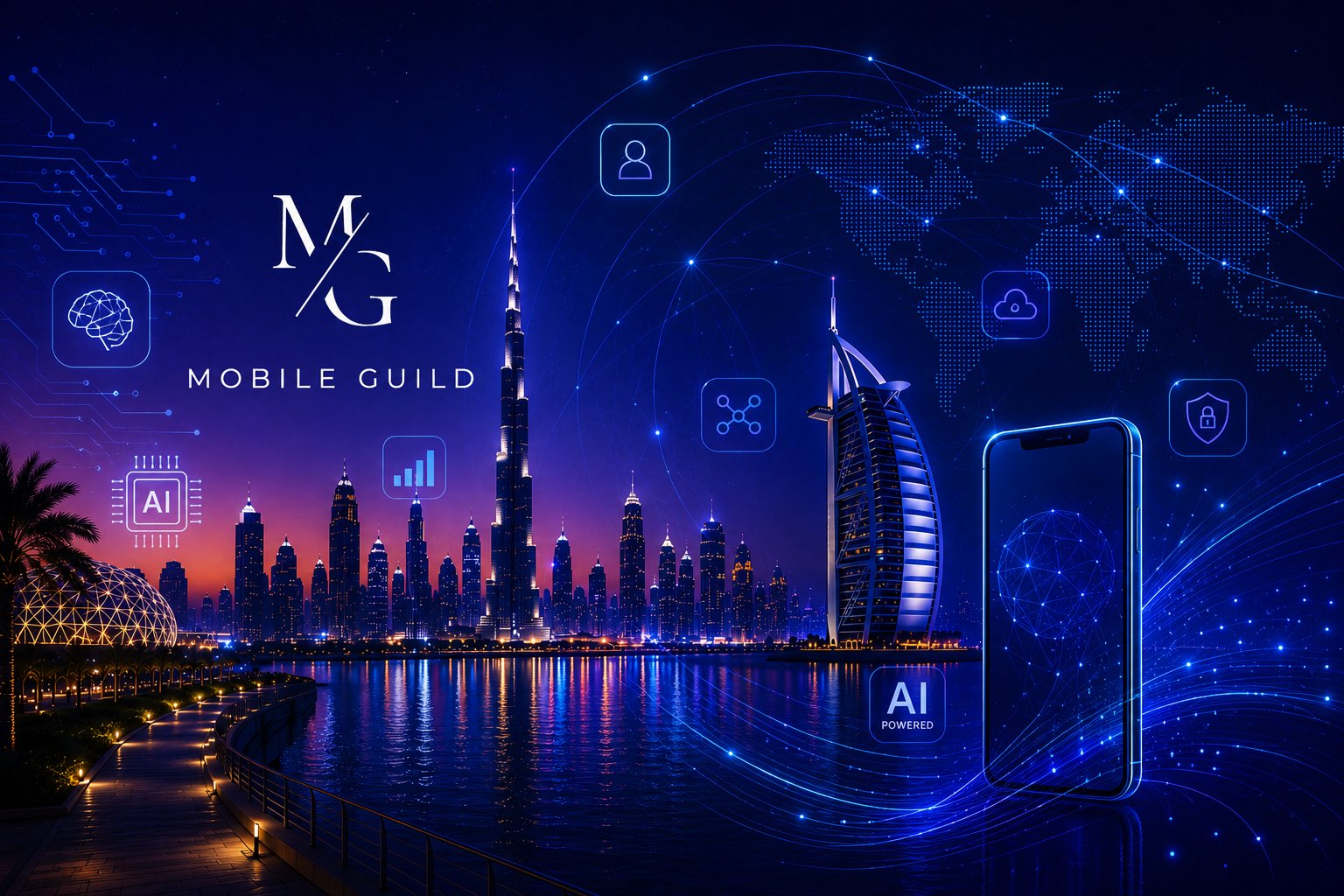 Mobile Guild artwork: the Dubai skyline with connected technology icons